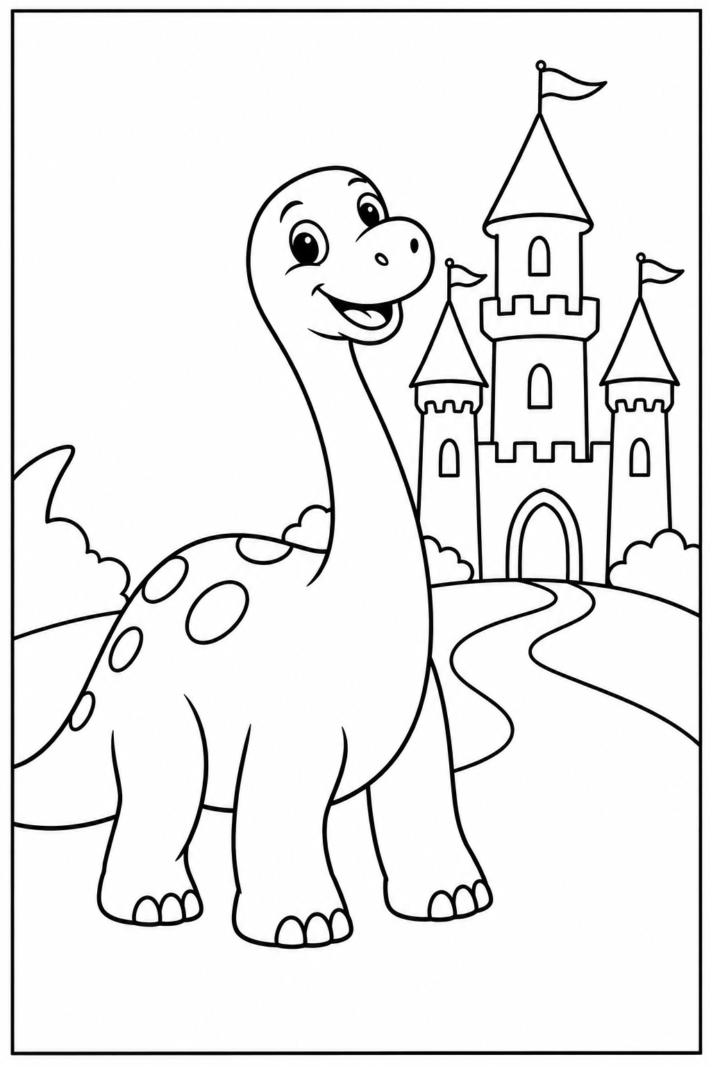 Dino — Bij een kasteel — kleurplaat om te printen