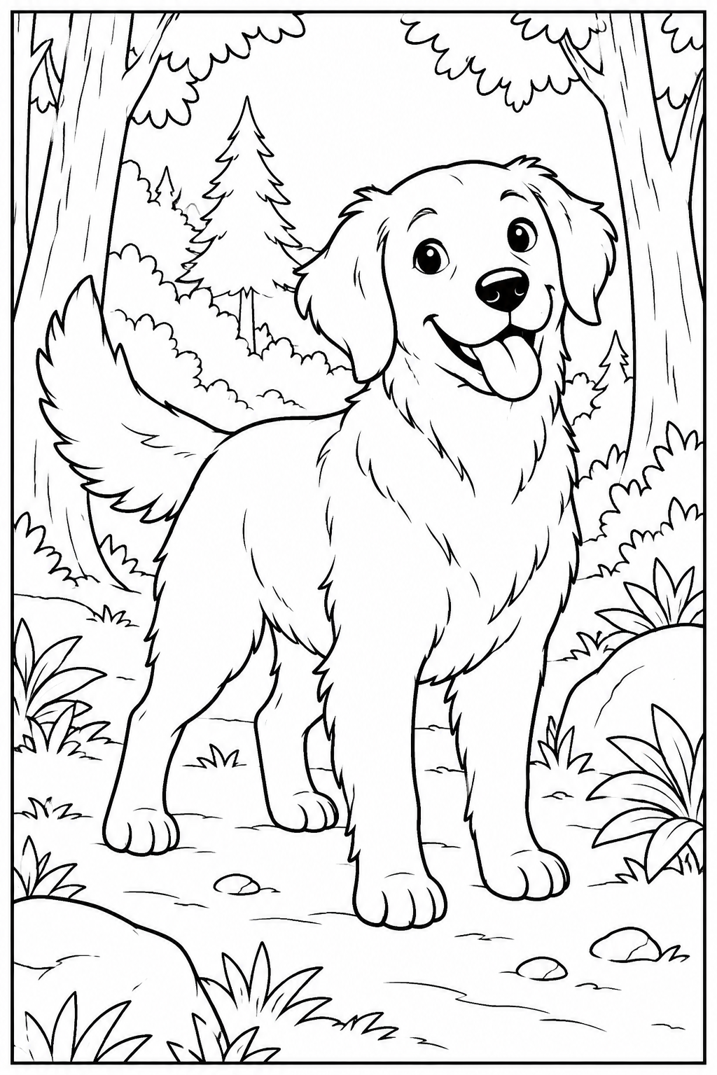 Hond — In het bos — kleurplaat om te printen