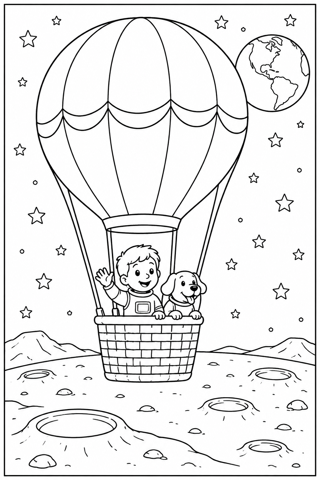 Luchtballon — Op de maan — kleurplaat om te printen