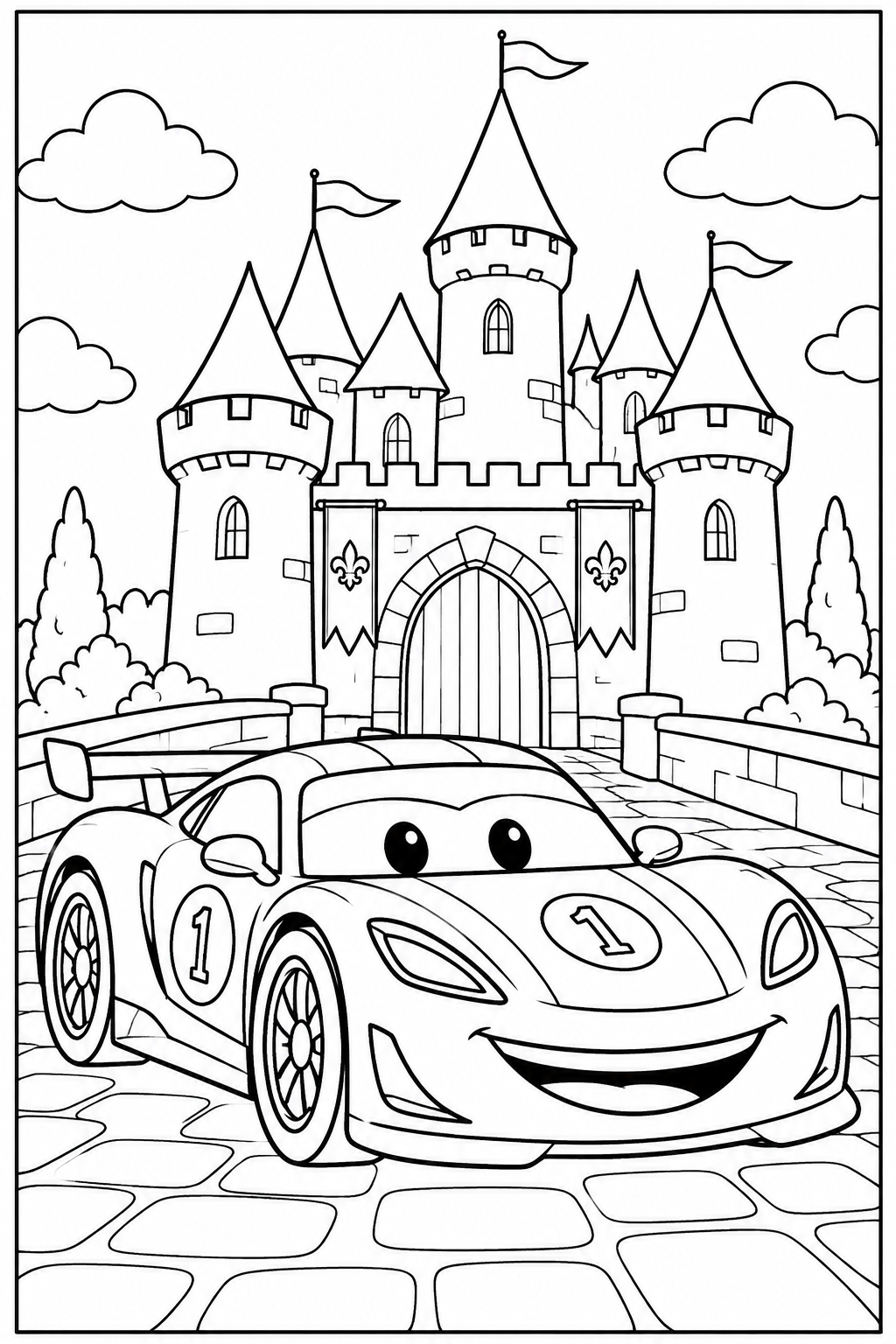 Raceauto — Bij een kasteel — kleurplaat om te printen