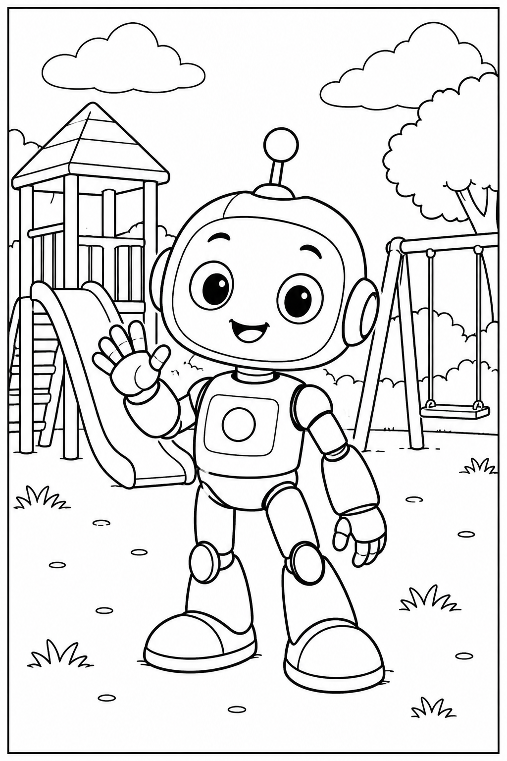 Robot — In de speeltuin — kleurplaat om te printen